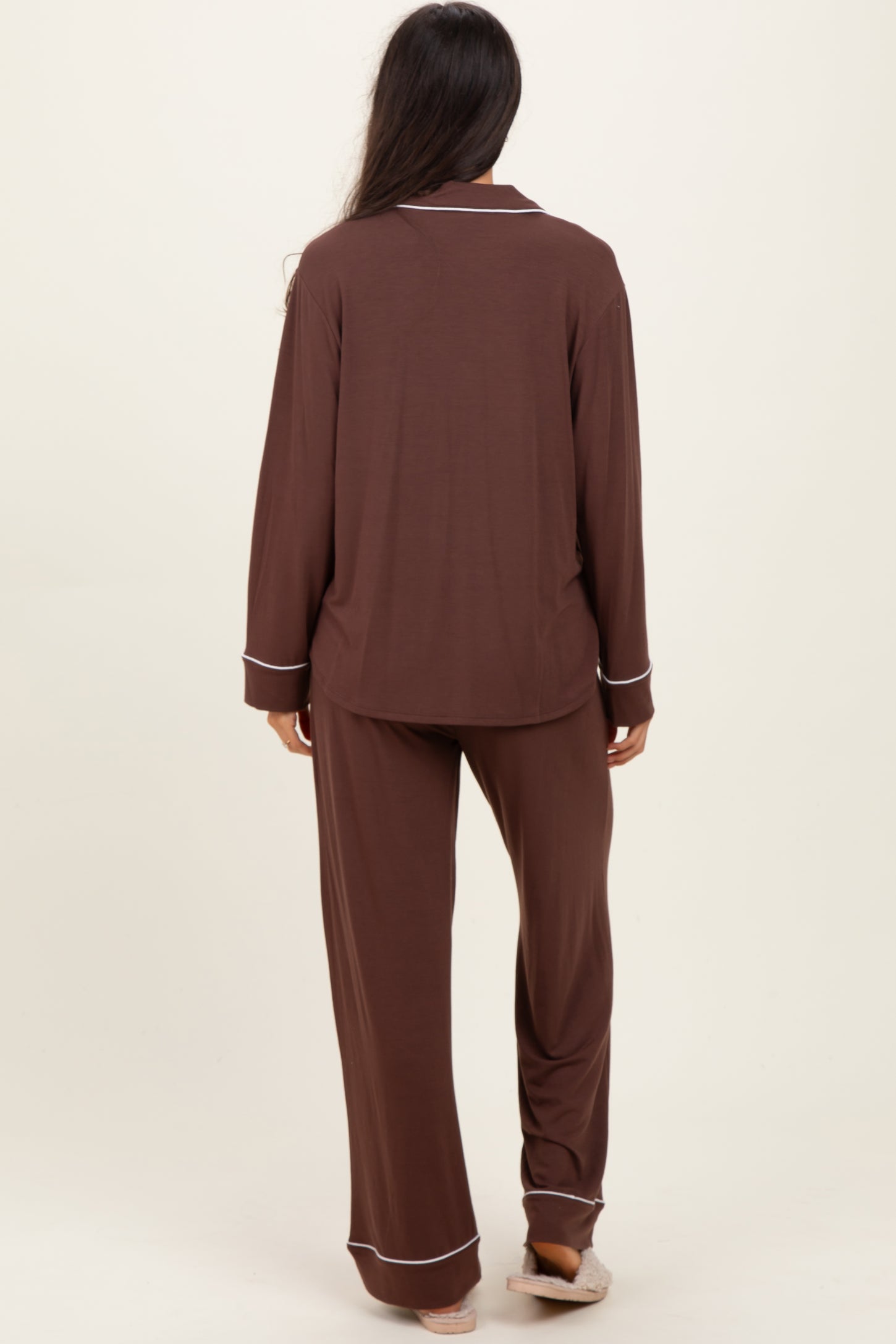 Brown Button Down Top Wide Leg Pant Pajama Set