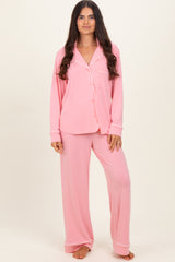 Light Pink Button Down Top Wide Leg Pant Pajama Set
