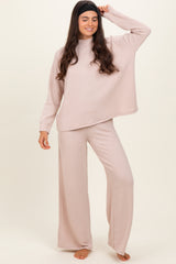 Beige Textured Rib Mock Neck Long Sleeve Pants Set