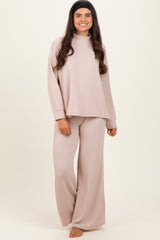 Beige Textured Rib Mock Neck Long Sleeve Pants Set