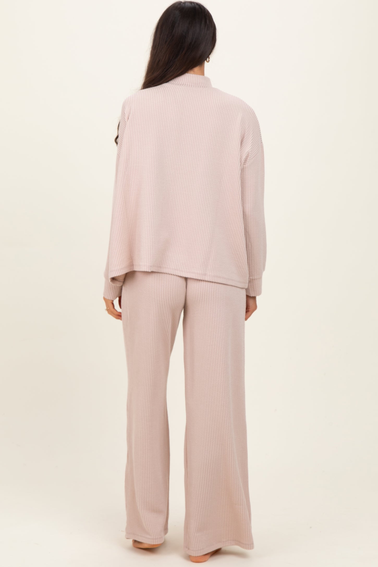 Beige Textured Rib Mock Neck Long Sleeve Pants Set