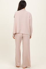 Beige Textured Rib Mock Neck Long Sleeve Pants Set