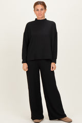 Black Textured Rib Mock Neck Long Sleeve Pants Maternity Set