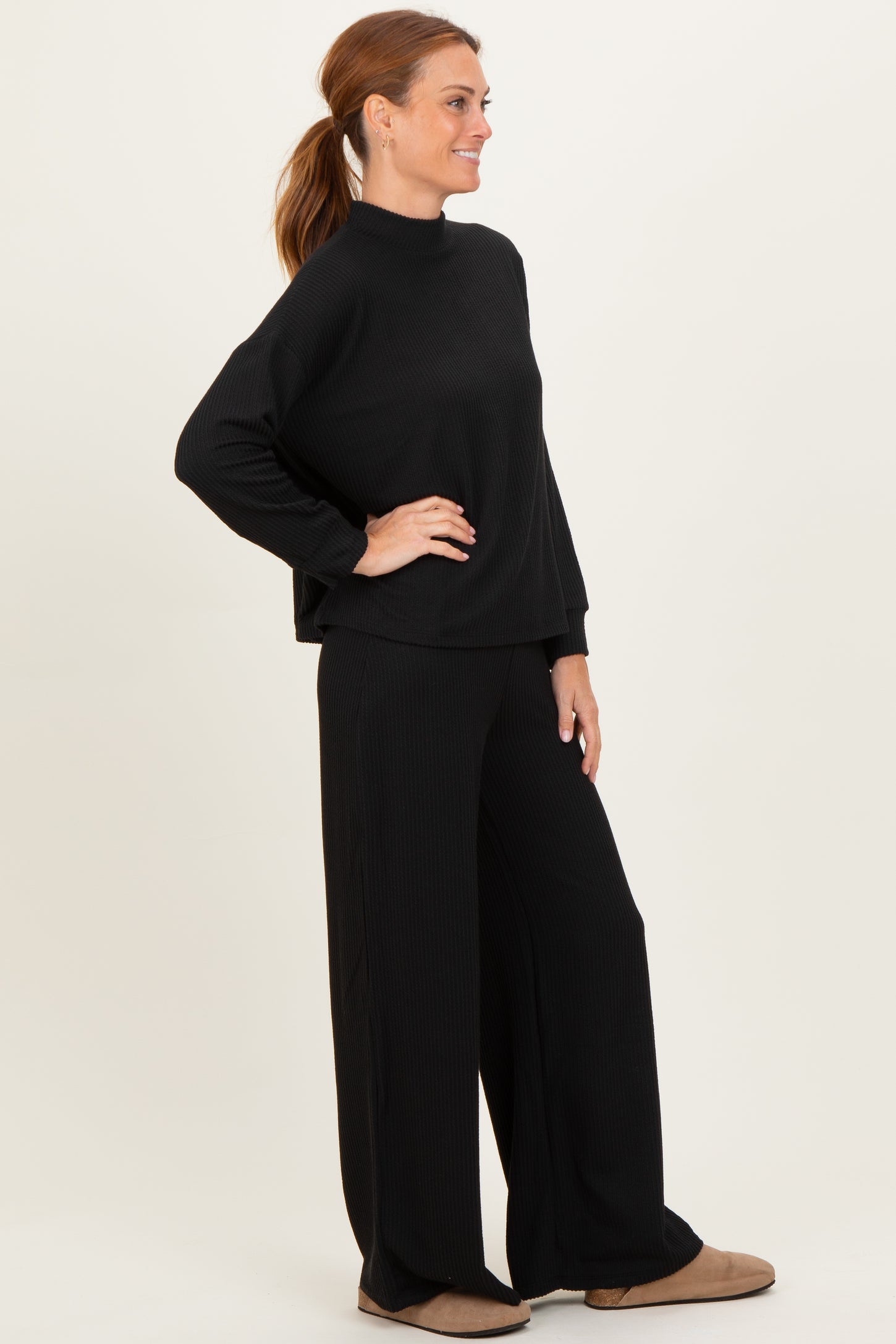 Black Textured Rib Mock Neck Long Sleeve Pants Set