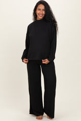 Black Textured Rib Mock Neck Long Sleeve Pants Maternity Set