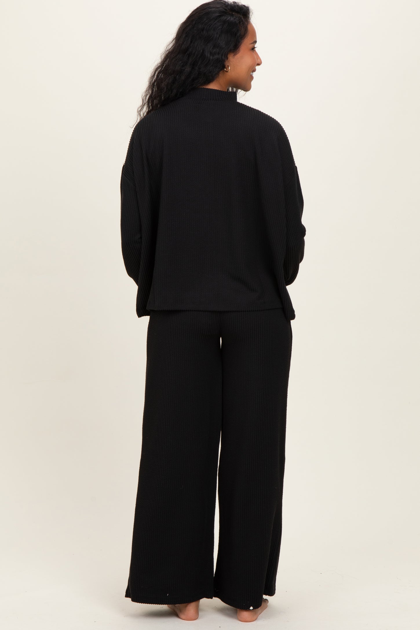 Black Textured Rib Mock Neck Long Sleeve Pants Maternity Set
