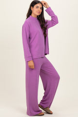 Lavender Textured Rib Mock Neck Long Sleeve Pants Set