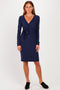Navy Ribbed Long Sleeve V-Neck Wrap Midi Dress