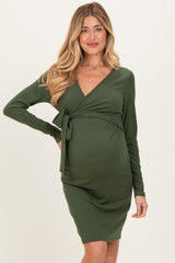 Olive Ribbed Long Sleeve V-Neck Wrap Maternity Midi Dress