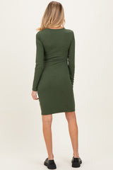 Olive Ribbed Long Sleeve V-Neck Wrap Maternity Midi Dress