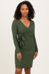 Olive Ribbed Long Sleeve V-Neck Wrap Maternity Midi Dress