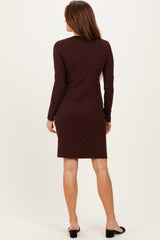 Brown Ribbed Long Sleeve V-Neck Wrap Midi Dress