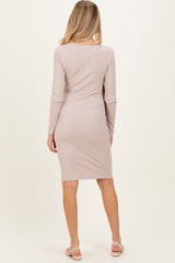 Beige Ribbed Long Sleeve V-Neck Wrap Maternity Midi Dress