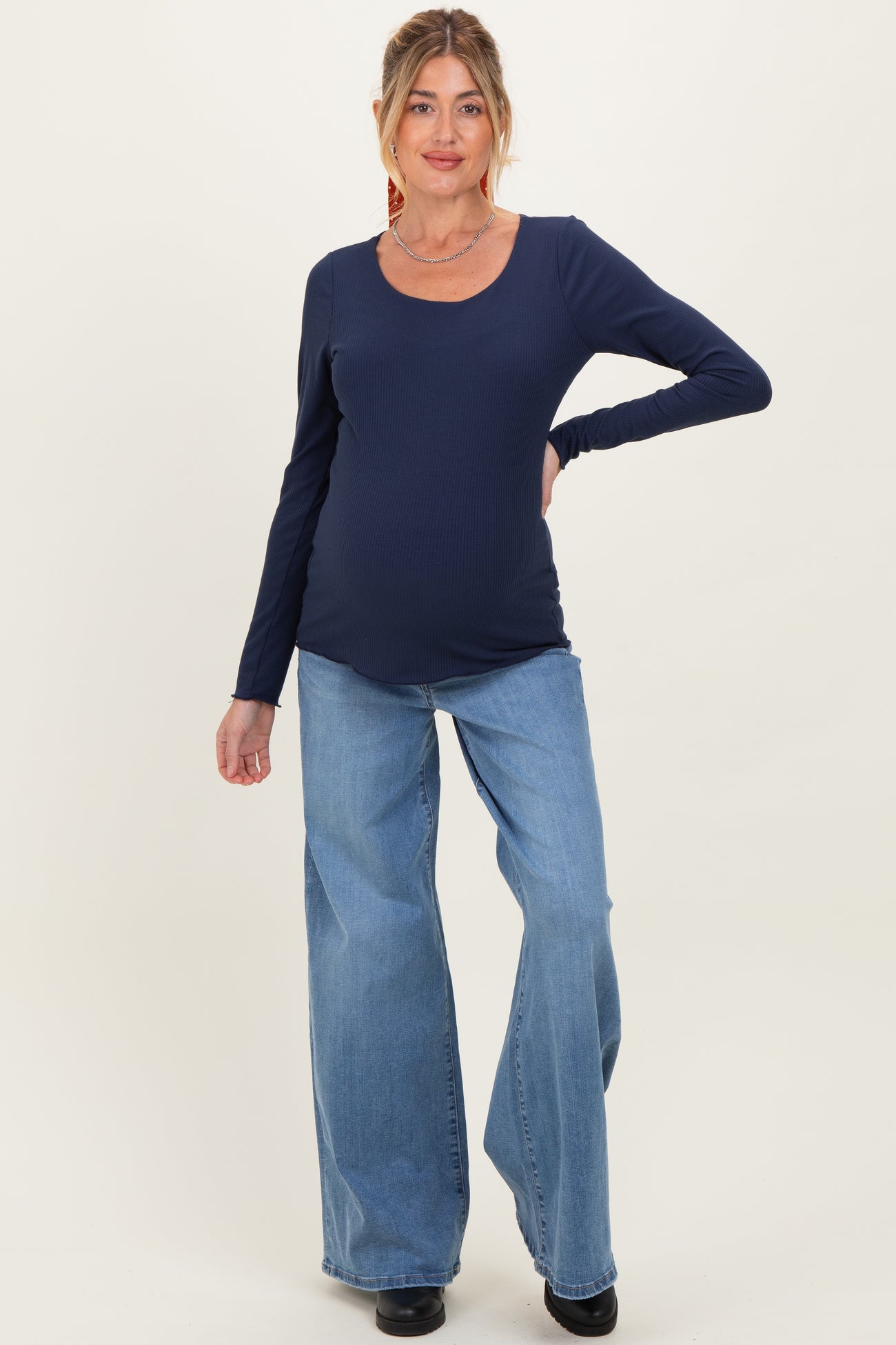 Navy Ribbed Long Sleeve Lettuce Trim Maternity Top