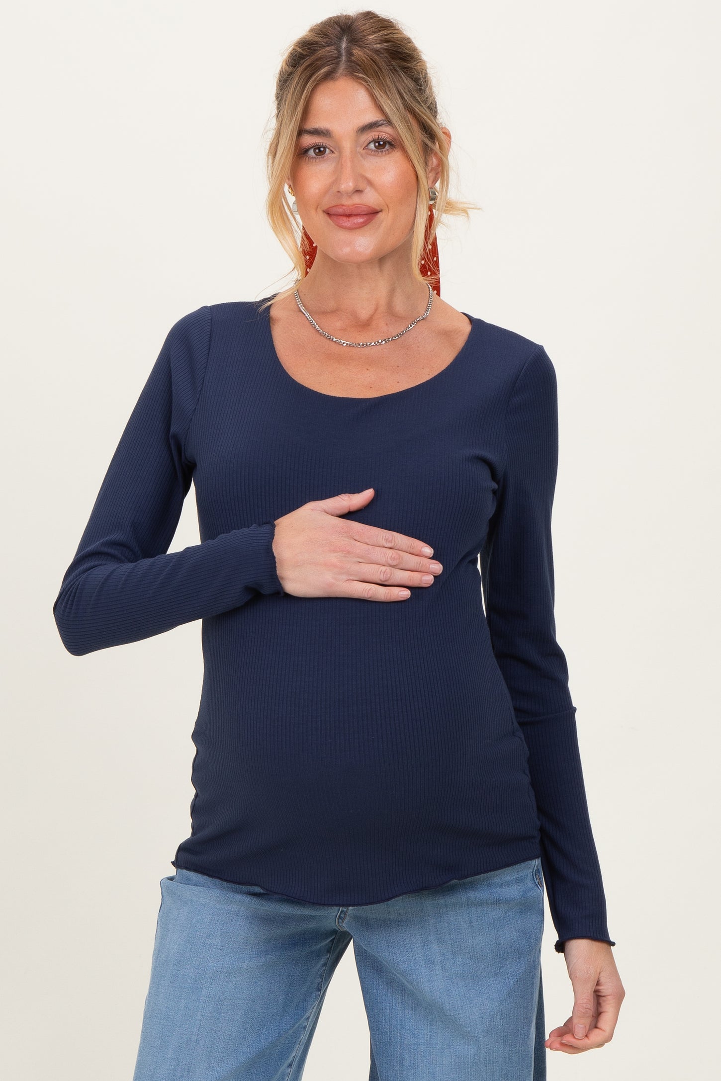 Navy Ribbed Long Sleeve Lettuce Trim Maternity Top