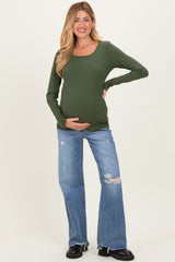 Olive Ribbed Long Sleeve Lettuce Trim Maternity Top