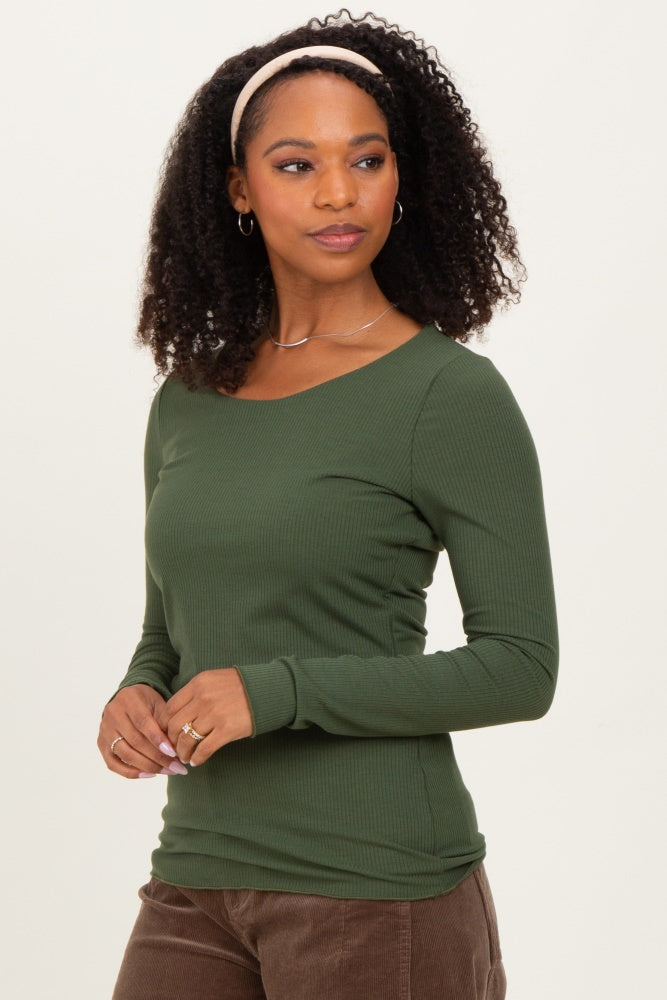 Olive Ribbed Long Sleeve Lettuce Trim Top
