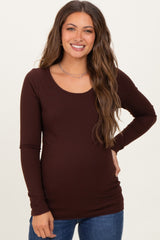 Brown Ribbed Long Sleeve Lettuce Trim Maternity Top