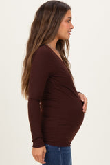 Brown Ribbed Long Sleeve Lettuce Trim Maternity Top