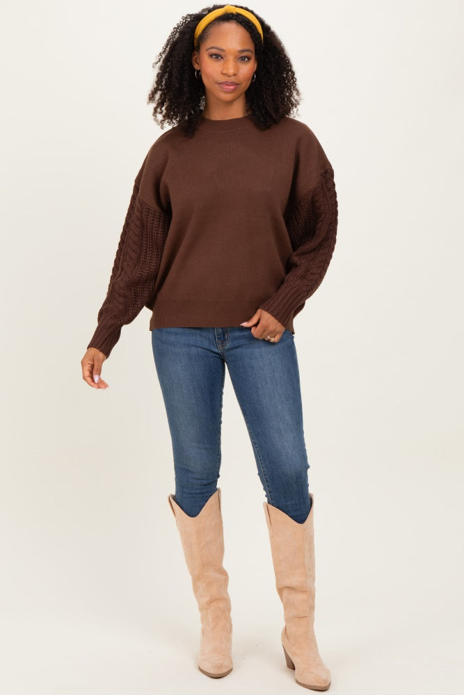 Brown Cable Knit Sleeve Round Neck Maternity Sweater
