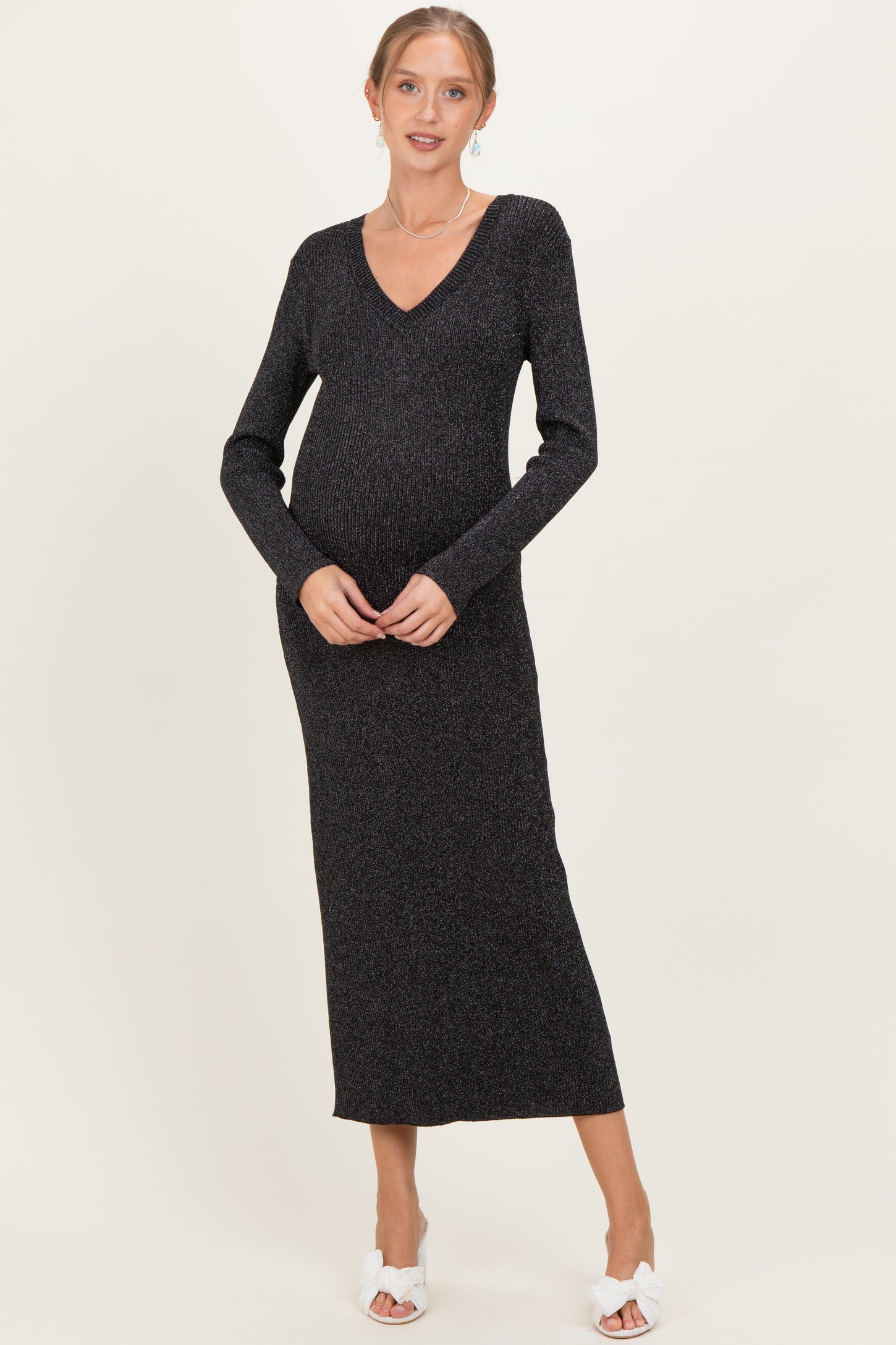 Black Shimmer Ribbed Knit Maternity Maxi Dress