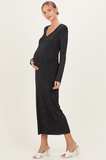Black Shimmer Ribbed Knit Maternity Maxi Dress
