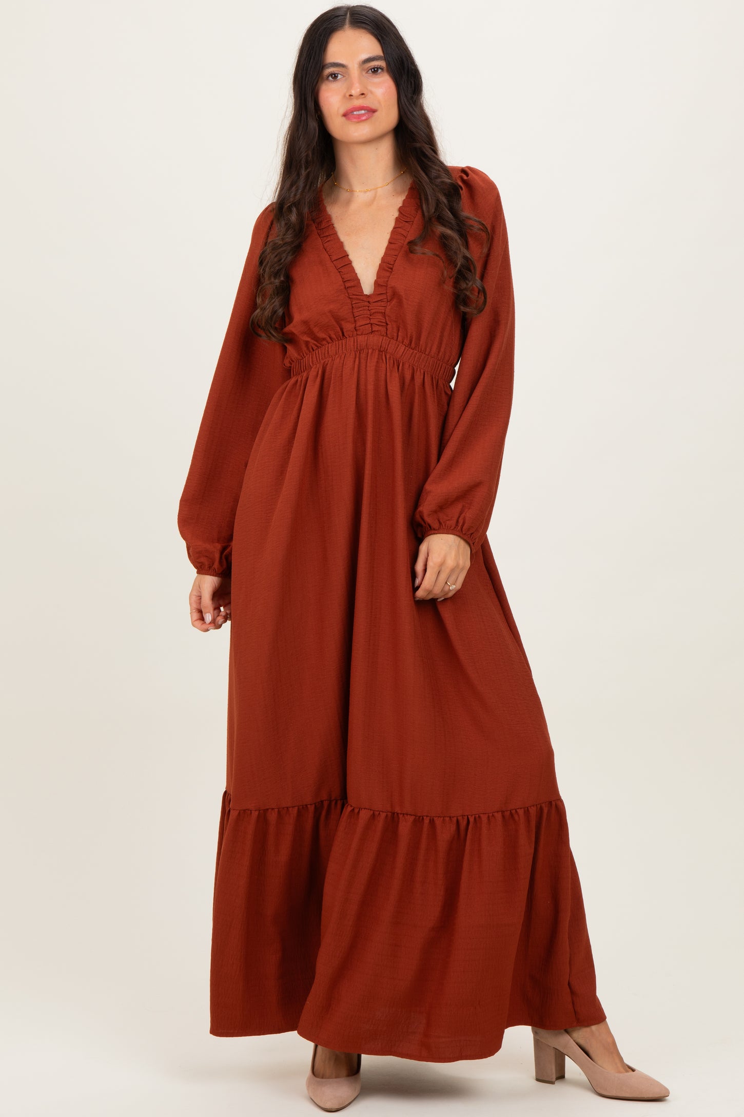 Rust Long Sleeve V-Neck Tiered Maternity Maxi Dress