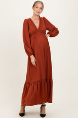 Rust Long Sleeve V-Neck Tiered Maternity Maxi Dress