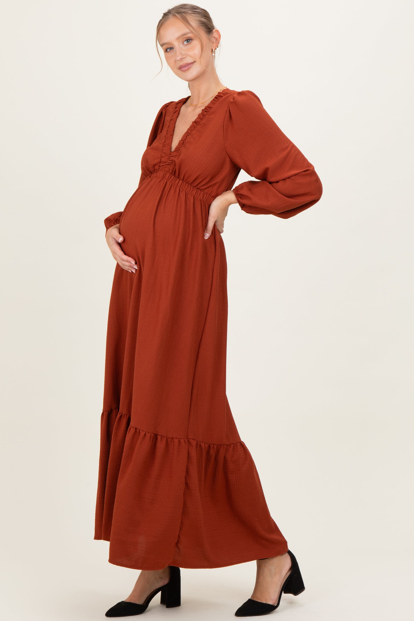 Rust Long Sleeve V-Neck Tiered Maternity Maxi Dress