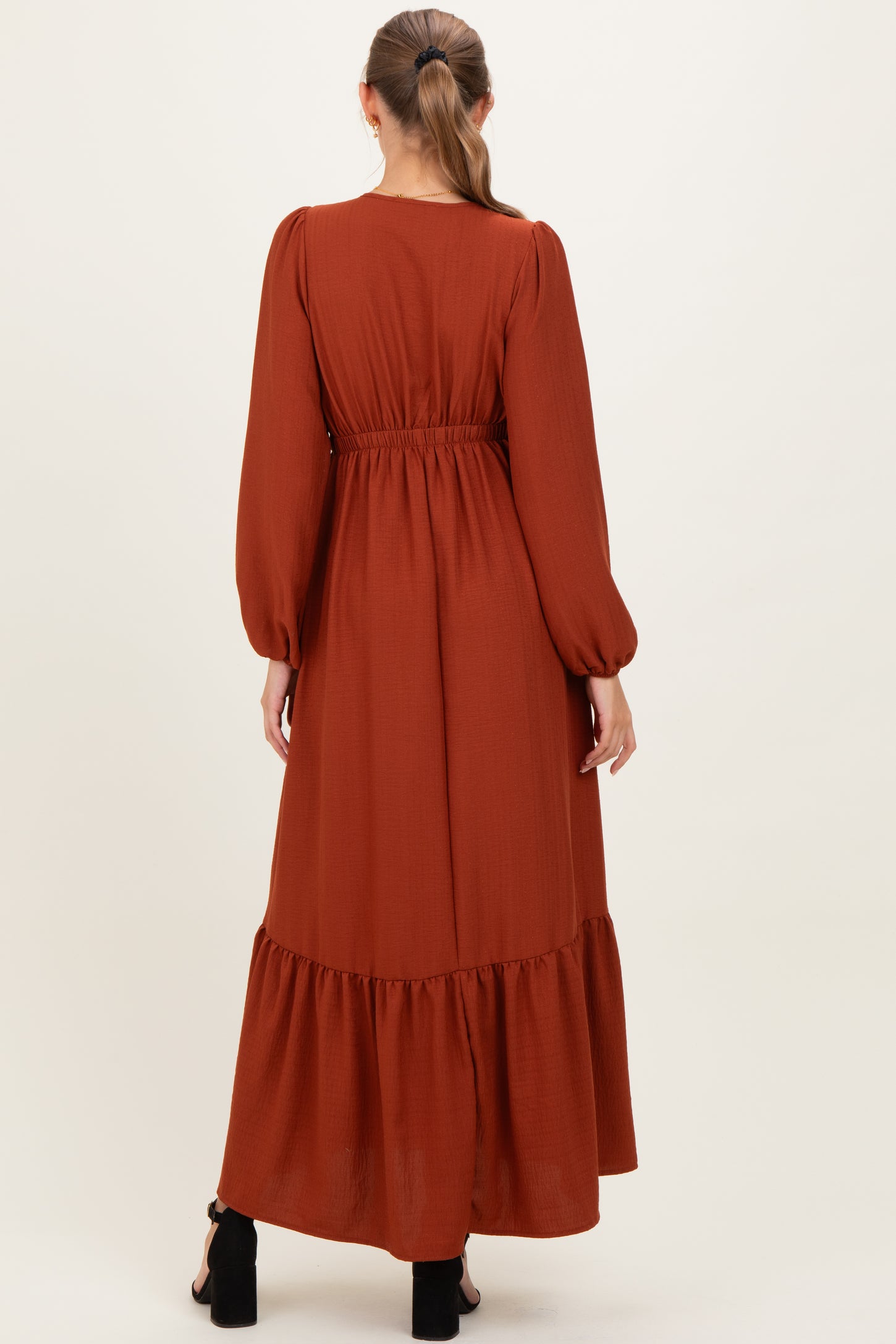 Rust Long Sleeve V-Neck Tiered Maternity Maxi Dress
