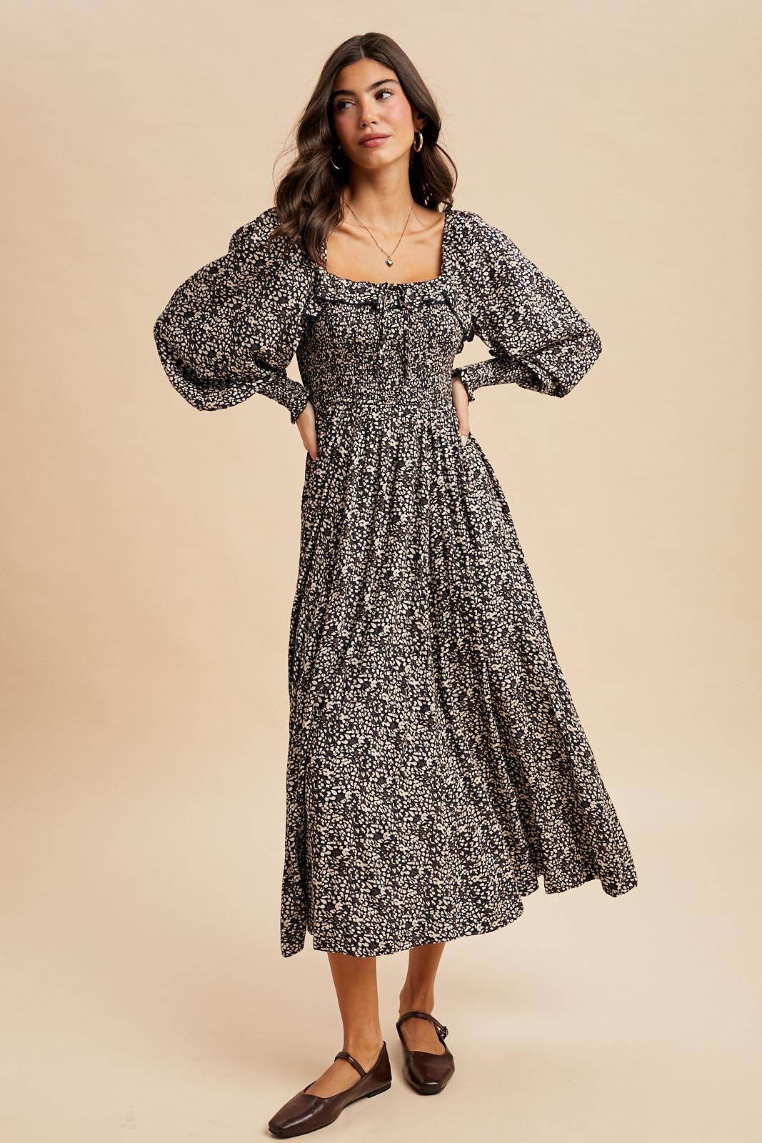 Navy Smocked Ruffled Floral Maxi Dress