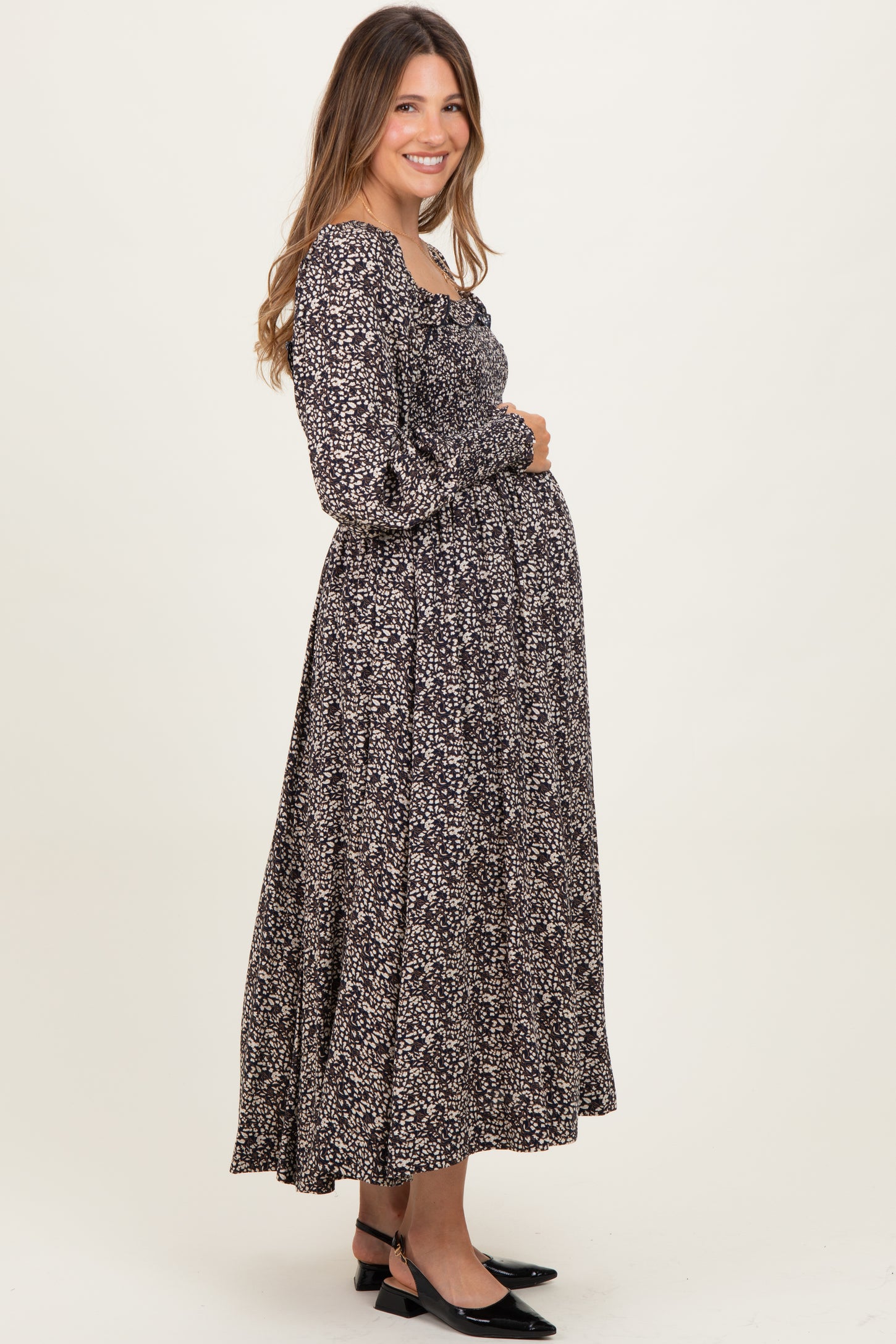 Navy Smocked Ruffled Floral Maternity Maxi Dress