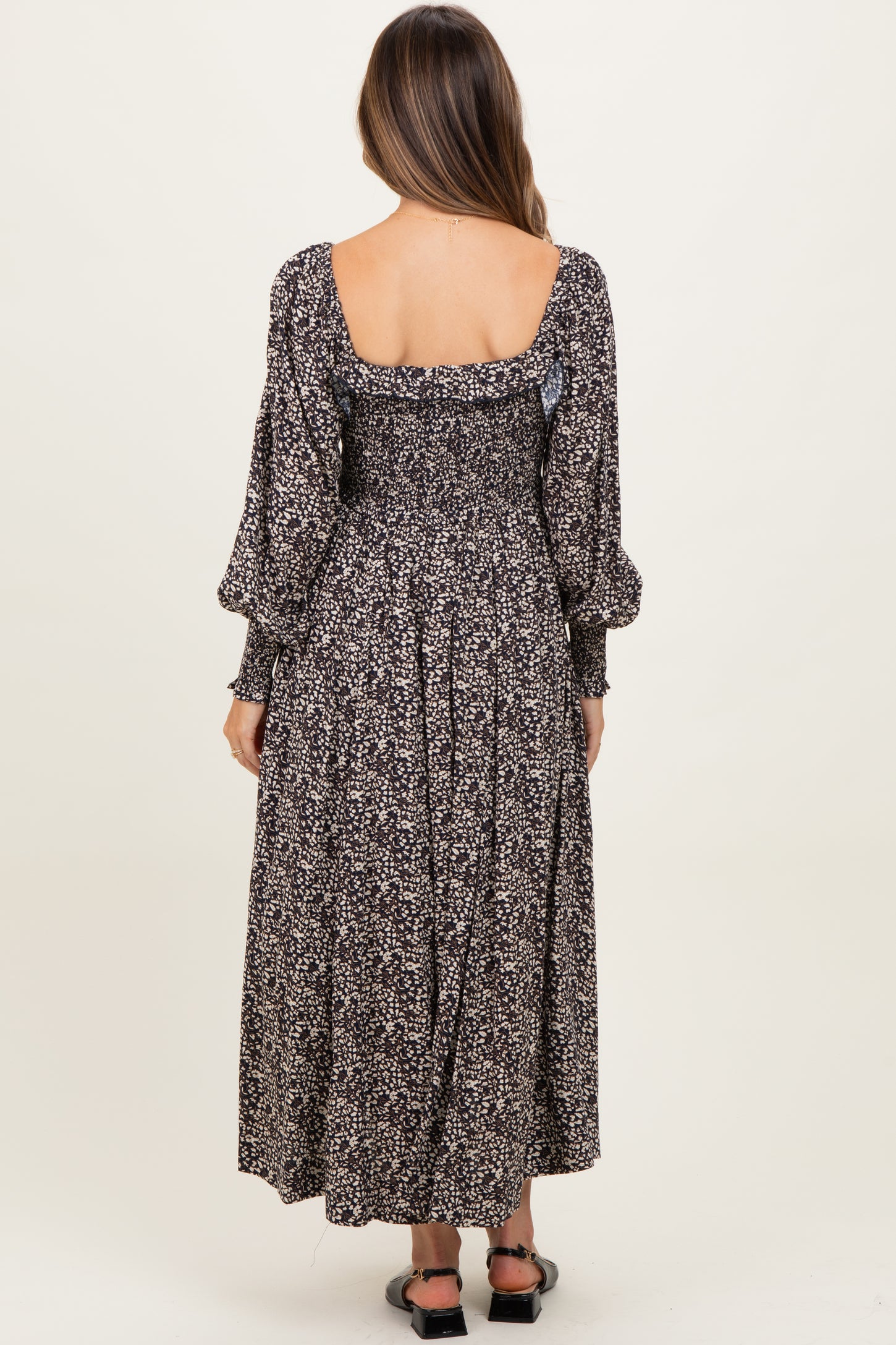 Navy Smocked Ruffled Floral Maternity Maxi Dress