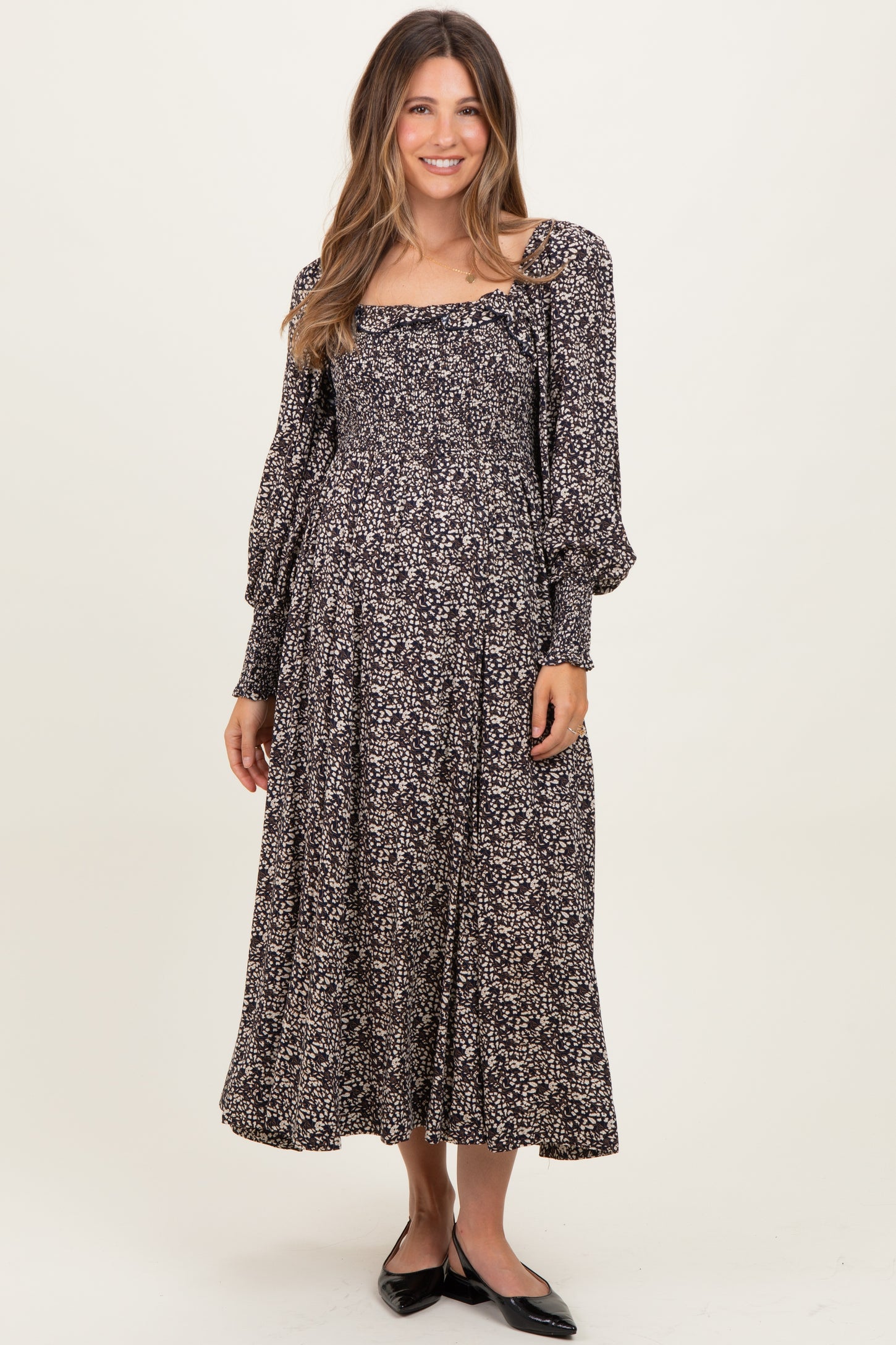 Navy Smocked Ruffled Floral Maternity Maxi Dress