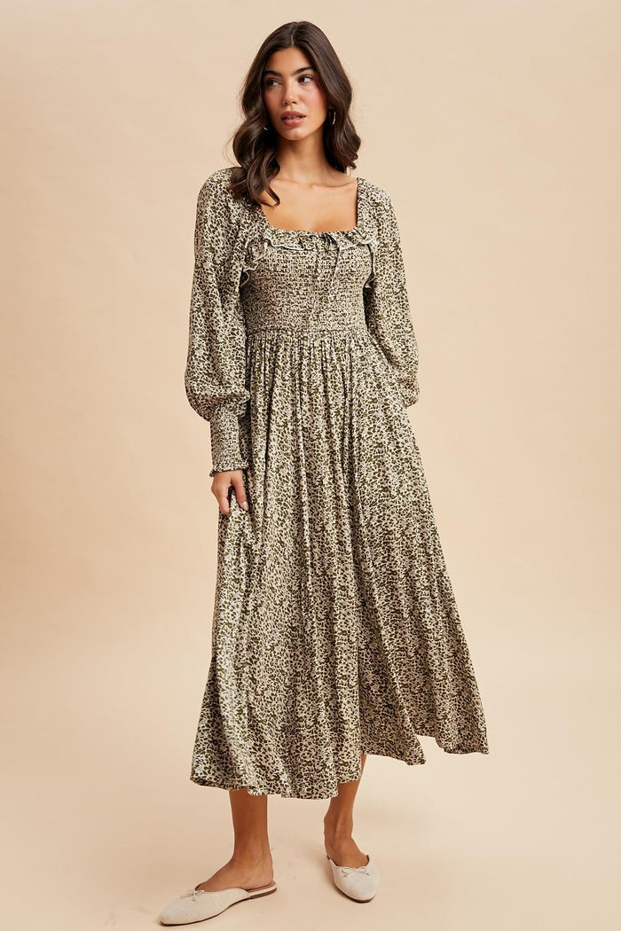 Light Olive Smocked Ruffled Floral Maxi Dress