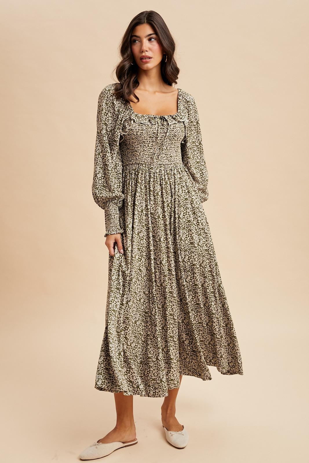Light Olive Smocked Ruffled Floral Maternity Maxi Dress