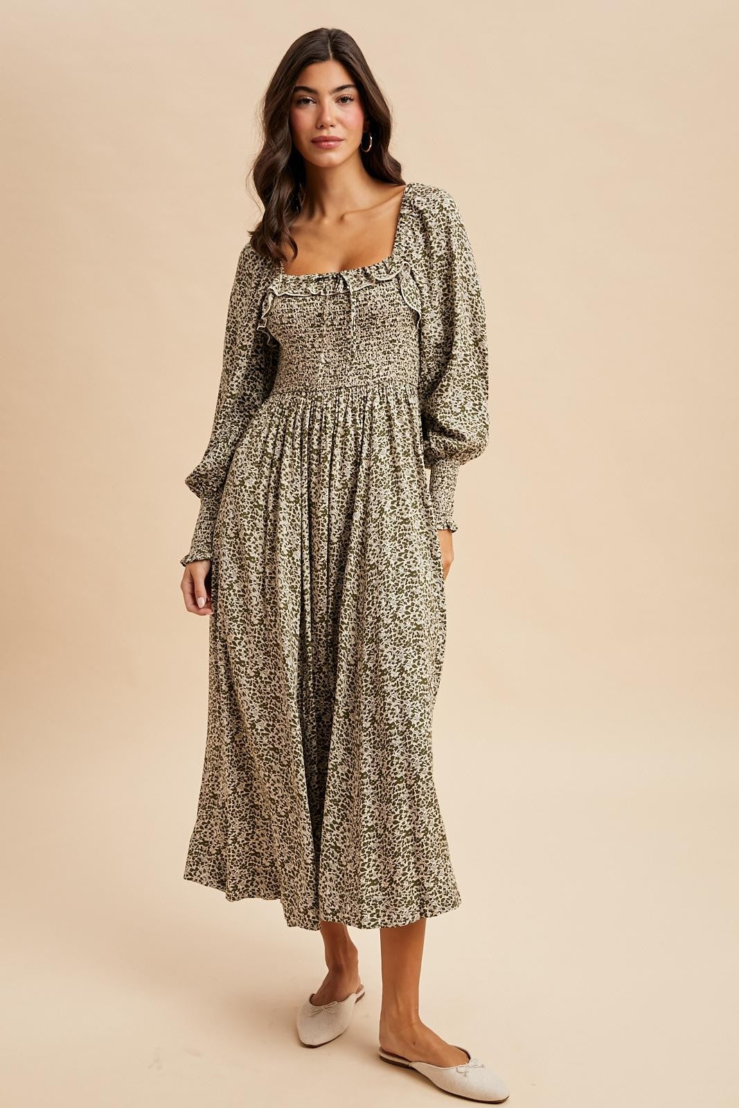 Light Olive Smocked Ruffled Floral Maxi Dress