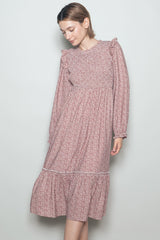 Rust Tiny Floral Ruffled Mock Neck Babydoll Maternity Midi Dress