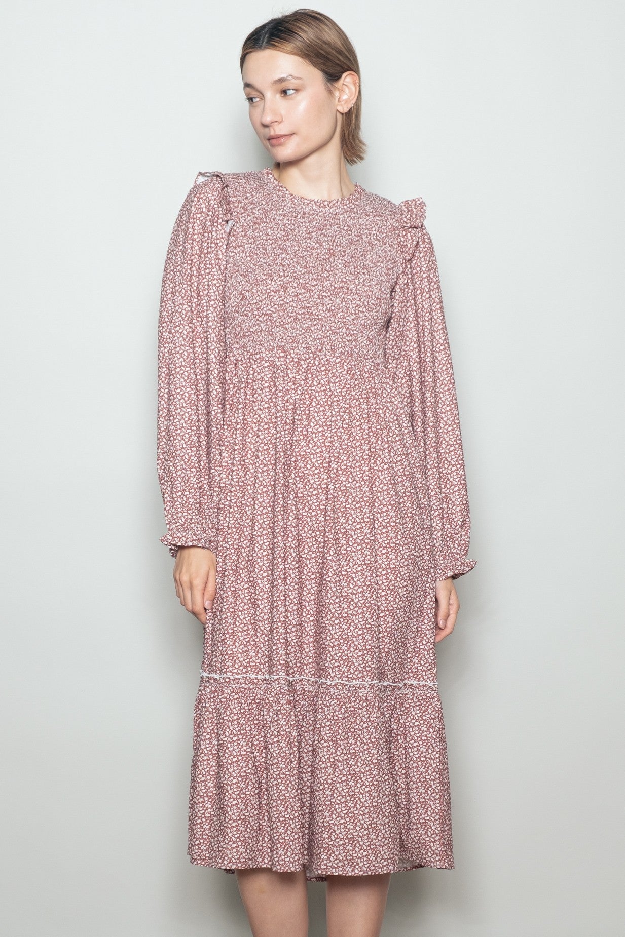 Rust Tiny Floral Ruffled Mock Neck Babydoll Midi Dress