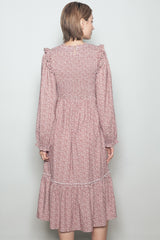 Rust Tiny Floral Ruffled Mock Neck Babydoll Midi Dress