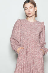 Rust Tiny Floral Ruffled Mock Neck Babydoll Midi Dress