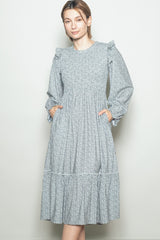 Mint Tiny Floral Ruffled Mock Neck Babydoll Midi Dress