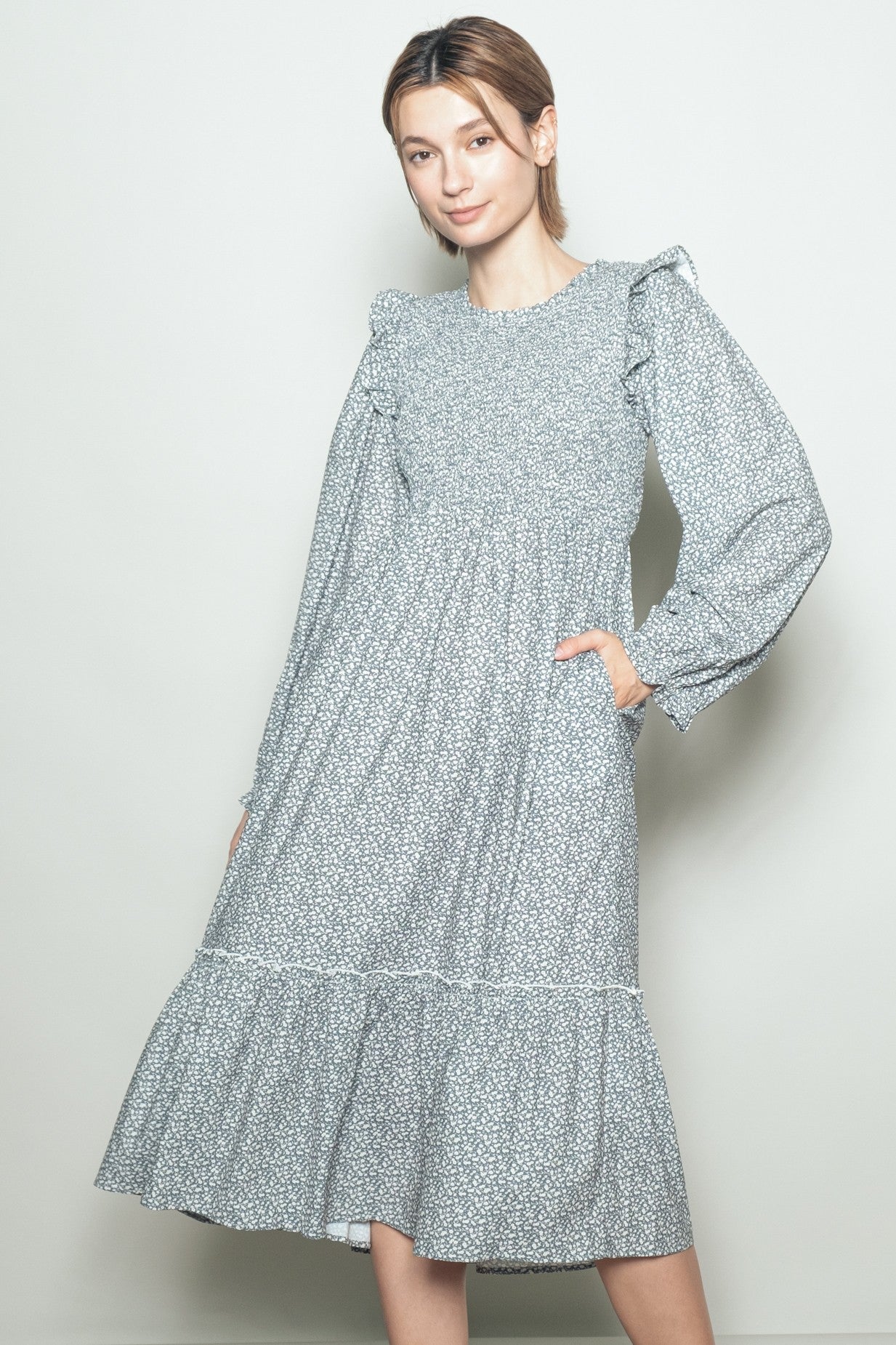 Mint Tiny Floral Ruffled Mock Neck Babydoll Midi Dress