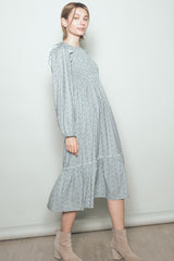 Mint Tiny Floral Ruffled Mock Neck Babydoll Midi Dress