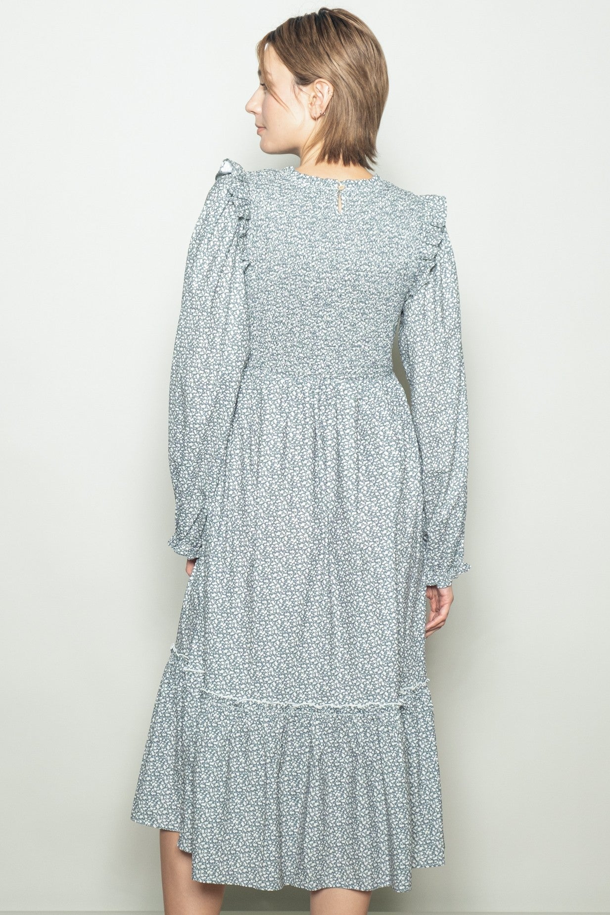 Mint Tiny Floral Ruffled Mock Neck Babydoll Midi Dress