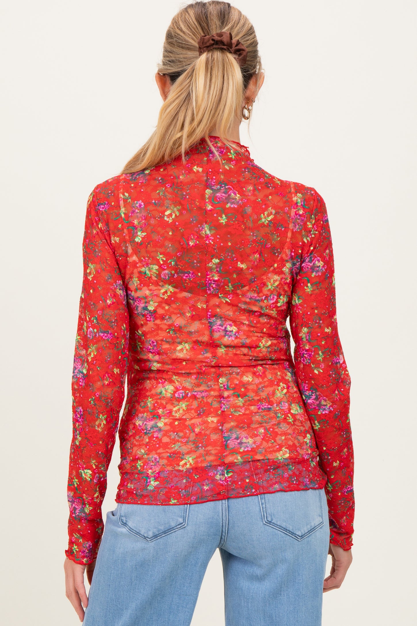 Red Floral Lace Long Sleeve Maternity Top