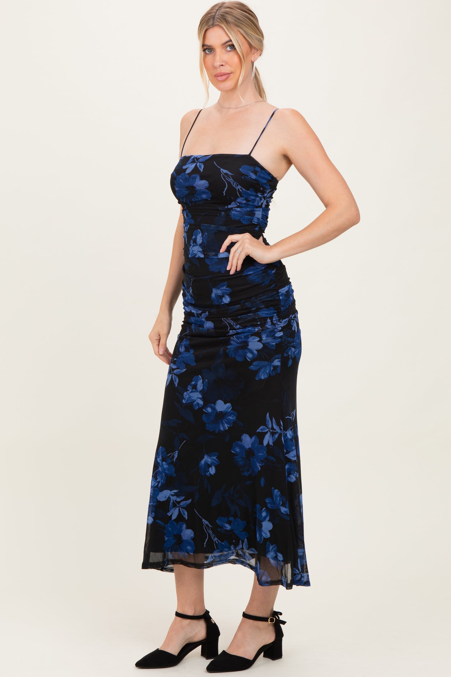 Black Floral Ruched Mesh Maxi Dress