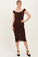 Brown Off Shoulder Ruched Mesh Midi Dress