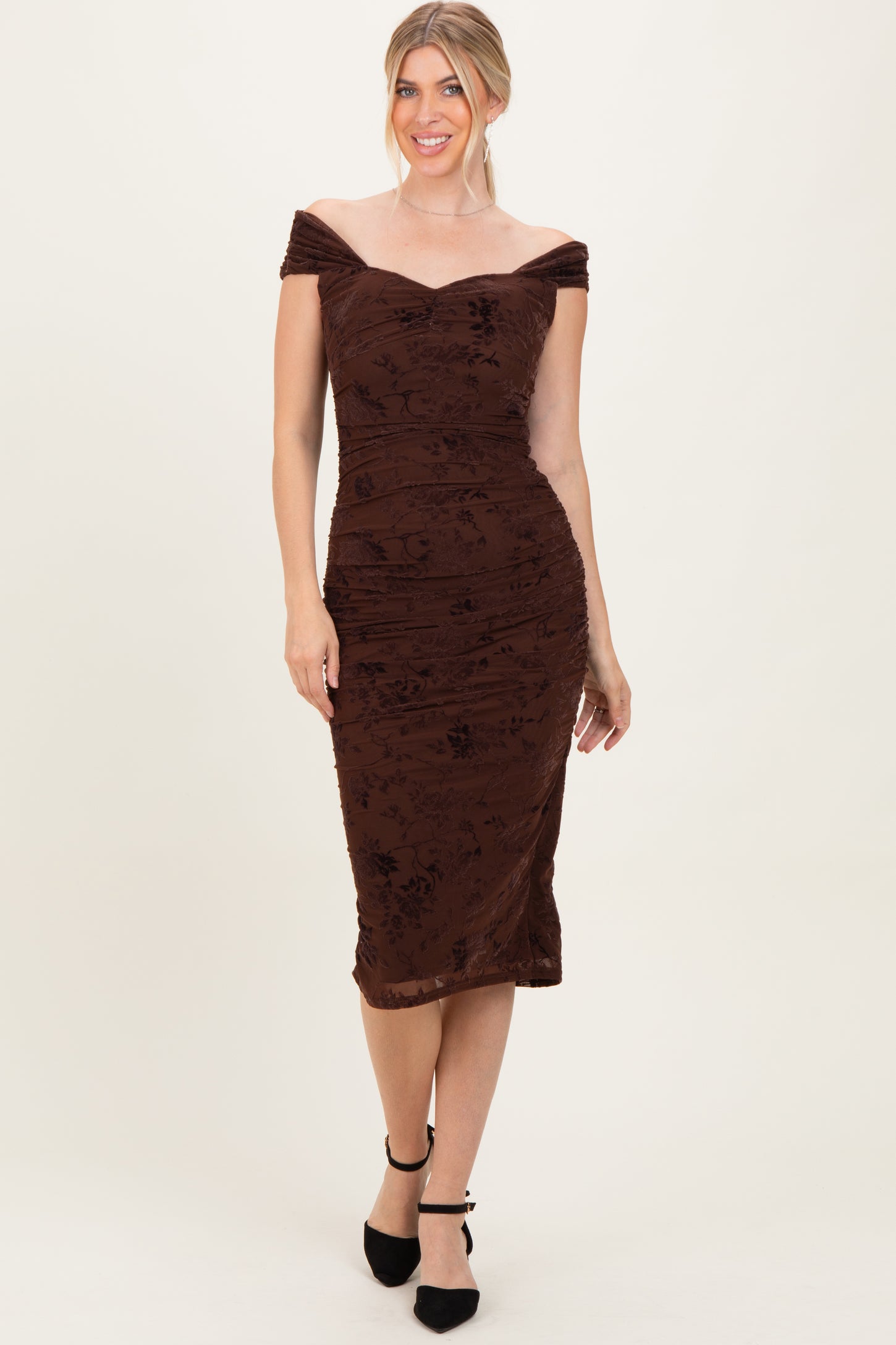 Brown Off Shoulder Ruched Mesh Midi Dress