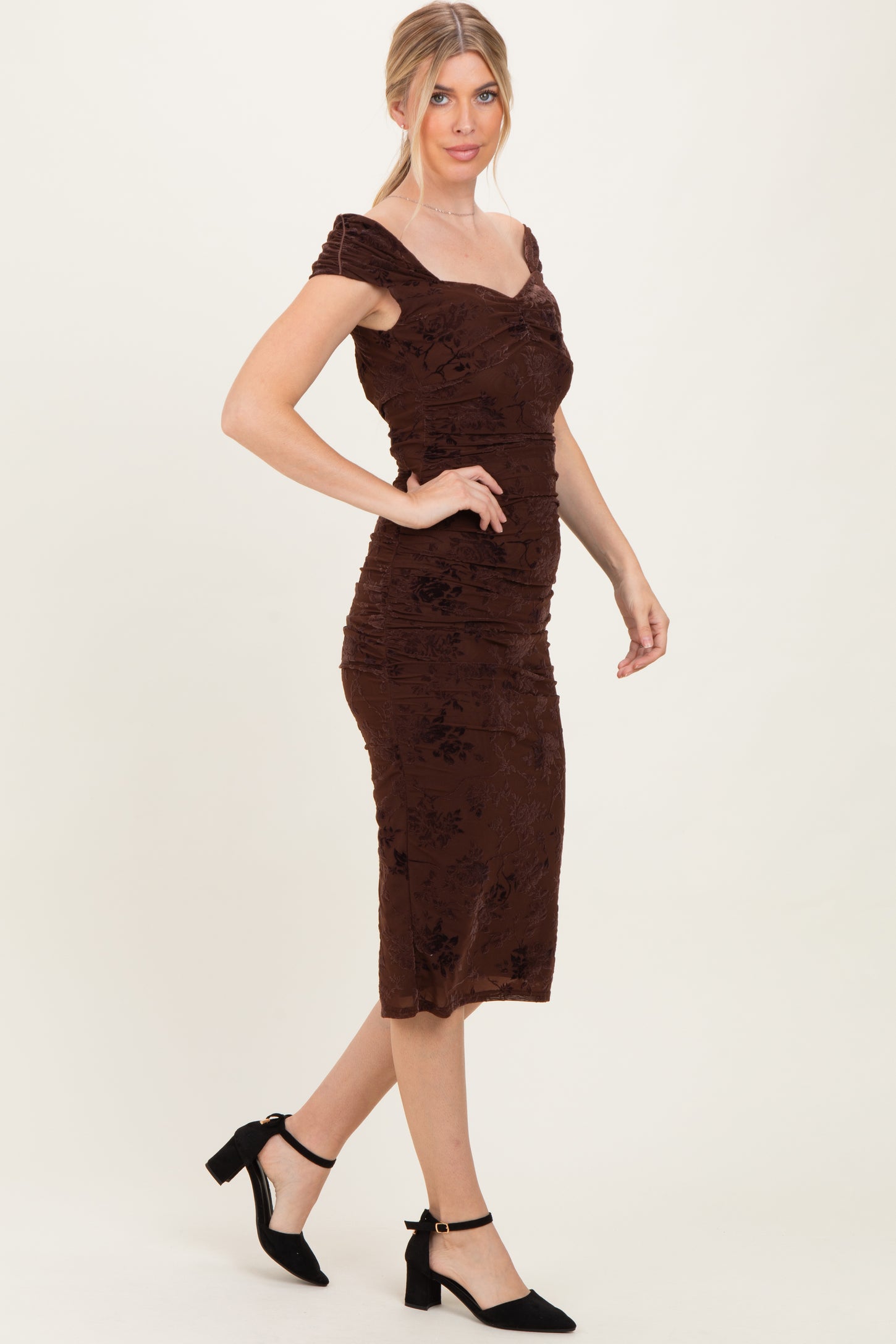 Brown Off Shoulder Ruched Mesh Midi Dress
